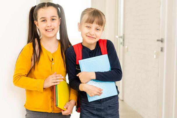 Portrait of happy caucasian young girl with backpack holding notebook, the primary school. - Foto, Bild