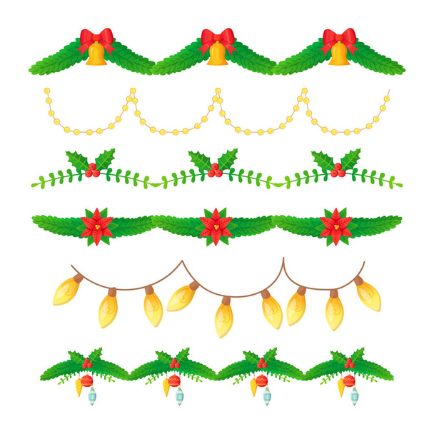 Christmas ornate garland set. Fir branch with christmas balls, bows, candles, electric lights. - Vetor, Imagem