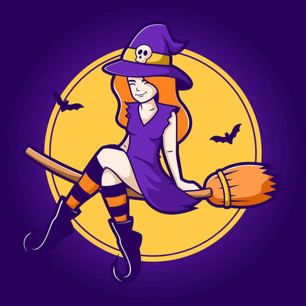 Cute witch riding broomstick, halloween cartoon character - Vector, Imagen