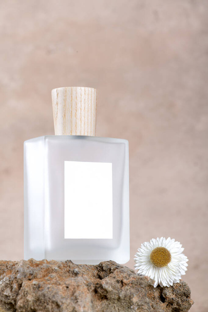 Transparent bottle of perfume with white labels on stone podium on beige terracotta background with dry flower. Fragrance presentation, Minimal cosmetic packaging mockup, copy space - Photo, Image