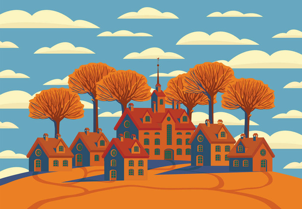 Autumn landscape with cute colored houses on an orange hill, yellowed trees and clouds in the blue sky. Decorative fall vector illustration in flat style - Vector, Image