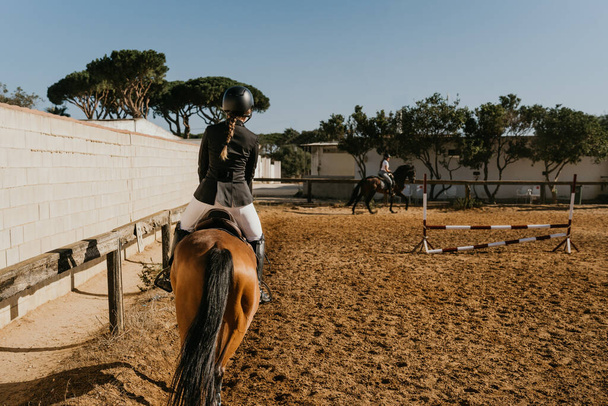 rear view of a woman in equestrian attire warming up a horse by circling the equestrian arena. Ride - Foto, immagini