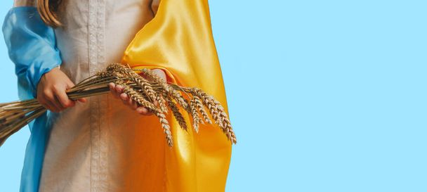 Primer plano de niña en vestido bordado étnico cubierto con bandera ucraniana sosteniendo espigas de trigo sobre fondo azul con espacio en blanco para el texto. - Foto, imagen