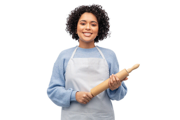 cooking, culinary and people concept - happy smiling woman in apron or baker with rolling pin over white background - Φωτογραφία, εικόνα
