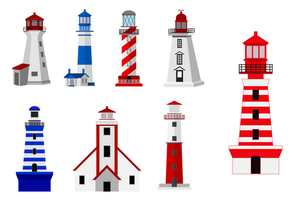 set of lighthouse tower isolated or colorful searchlight for maritime navigation or light beam rescue distater tower. eps vector - Vettoriali, immagini