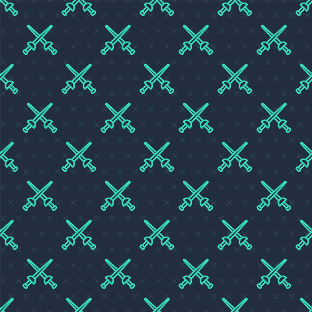 Green line Fencing icon isolated seamless pattern on blue background. Sport equipment. Vector. - Vector, Imagen