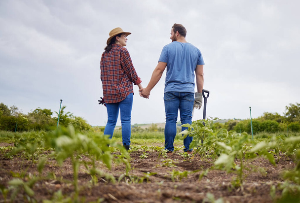 Farmer couple happy about agriculture growth with vegetable crops or plants in aorganic or sustainability farm or garden. Man and woman in nature love and enjoying outdoor and having fun together. - Photo, image