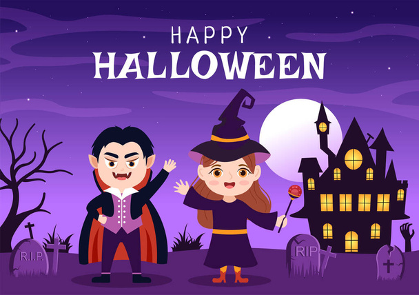 Happy Halloween Template Background Hand Drawn Cartoon Flat Illustration with Children Wearing Various Costumes, Haunted House, Pumpkins, Bats and Full Moon - Vector, Image