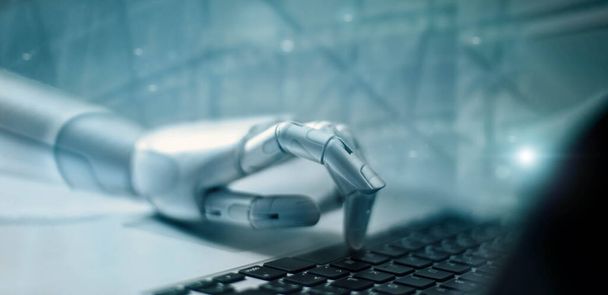  Machine learning. Hand of robot touching on binary data. Futuristic Artificial intelligence (AI). Deep Learning. Brain representing. Algorithm and innovative. Neural Network. Big data visualization. - Zdjęcie, obraz