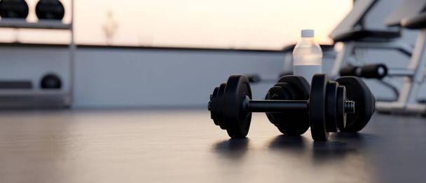 close-up image, Dumbbells and mockup space on a gym floor over blurred modern fitness gym in the background. Sport fitness equipment. 3d rendering, 3d illustration - Photo, Image