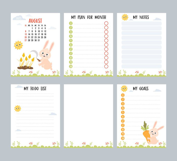 August 2023. Farm calendar planner with cute rabbit with sickle and spikelets, harvesting. Vector set of vertical page templates to-do list, my plan and notes. Week from Sunday in English - Vettoriali, immagini