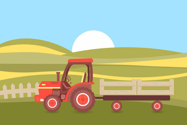 Сельскохозяйственный трактор с прицепом на фоне фермерских полей и неба. Иллюстрация, вектор - Вектор,изображение