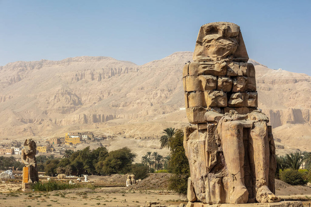 Beautiful daytime view of the Colossi of Memnon. Two large stone figures depicting a seated pharaoh. This is all that remains of the huge memorial temple of Amenhotep III. - Foto, Bild