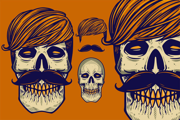 skull head with hair and mustache vector illustration - Wektor, obraz