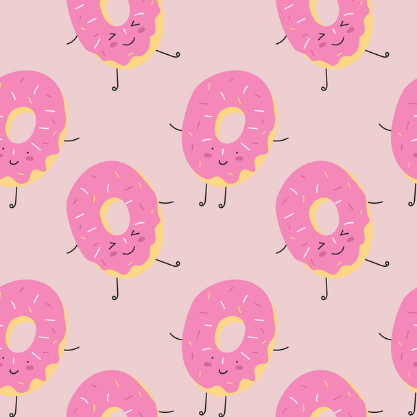Happy smiling humanized donut doughnut seamless pattern. Tasty texture, background, wallpapers, endless ornament, repeating print for textiles, wrapping  paper, fabric, packaging - Vektor, Bild