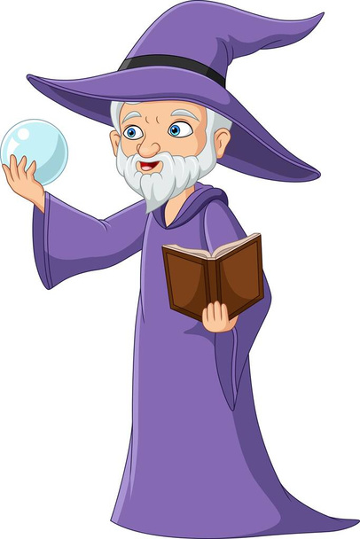 Vector illustration of Cartoon old wizard holding crystal stone and magic book - Vektori, kuva