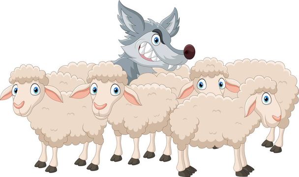 Vector illustration of Cartoon wolf with sheep flock - Vettoriali, immagini