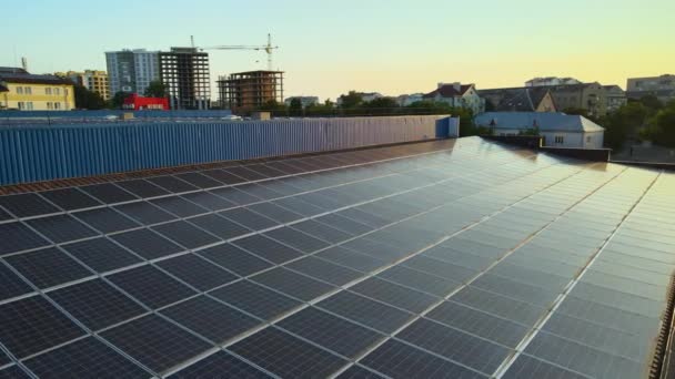 Luchtfoto van blauwe fotovoltaïsche zonnepanelen gemonteerd op industrieel dak voor het produceren van groene ecologische elektriciteit bij zonsondergang. Productie van concept voor duurzame energie. - Video