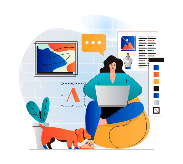 Freelance working concept in modern flat design. Woman designer is working on creative project on laptop from home studio. Illustrator draws graphic elements and performs tasks. Web illustration - Valokuva, kuva