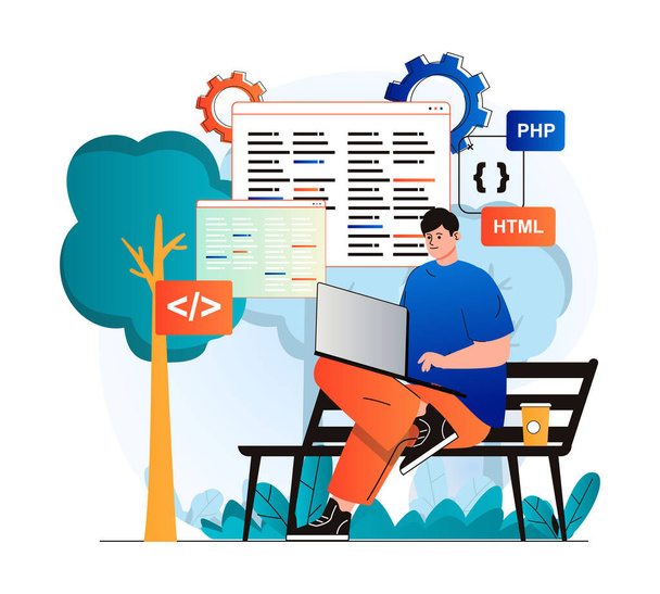 Freelance working concept in modern flat design. Man developer works at laptop while sitting on park bench. Programmer coding code, programming and developing programs online. Web illustration - Fotó, kép