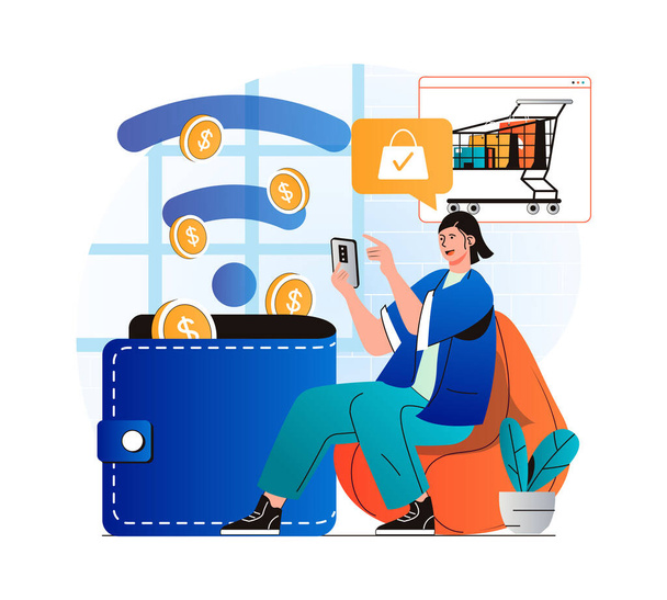 Online payment concept in modern flat design. Woman paying for purchases in mobile application and saving her money. Customer using contactless payment at smartphone in store. Web illustration - Foto, afbeelding