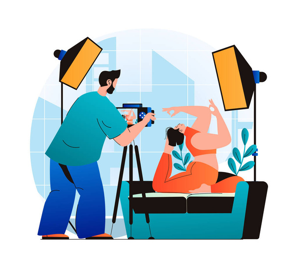 Photo studio concept in modern flat design. Man photographer with photo camera works in professional salon with equipment, makes photoshoot for posing woman sitting in yoga asana. Web illustration - Photo, Image