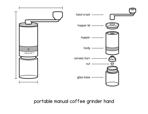 home portable manual coffee grinder hand coffee mill with ceramic burrs 6 adjustable settings portable hand crank tools diagram for setup manual outline vector illustration - Vecteur, image
