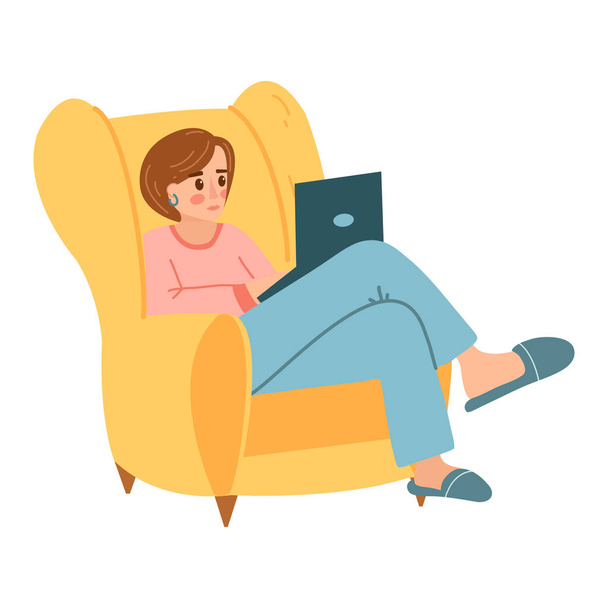 Девушка с ноутбуком в желтом кресле в мультяшном плоском стиле. Векторная иллюстрация женщины, работающей дома, фрилансер в удобной домашней одежде, женский персонаж, занимающийся серфингом в Интернете. - Вектор,изображение
