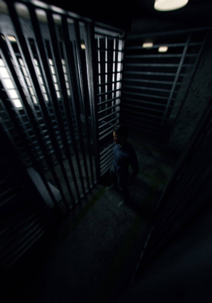 Prisoner in front of his cell in dark cell block. 3D render. - Fotografie, Obrázek