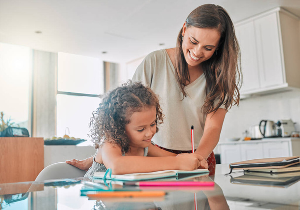 Family doing homework in notebook, mother helping child with school work at home and doing class project for education in books. Creative girl writing for learning and planning schedule in journal. - Foto, imagen