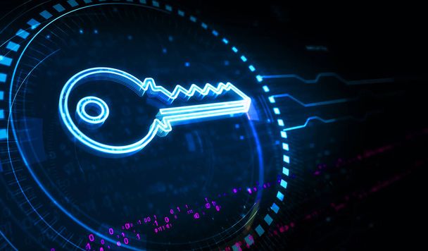 Cyber security and password safety with Key symbol digital concept. Network, cyber technology and computer background abstract 3d illustration. - Foto, Imagen