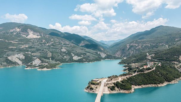 Aerial view of Lake Kremasta and mountains in Central Greece. Is the largest artificial lake in Greece. - Zdjęcie, obraz