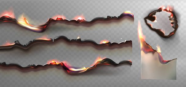 Realistic burn paper borders and holes. Charred pages with burnt uneven edges. Burned parchment sheets with fire and smoldering black ash 3d vector illustartion isolated on transparent background. - Vettoriali, immagini