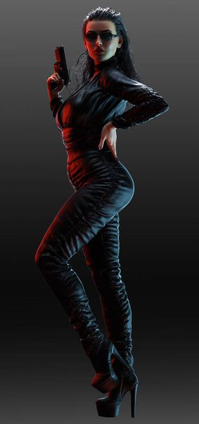 Urban Fantasy, Cyberpunk ή Sci Fi σέξι γυναίκα δολοφόνος σε μαύρο δέρμα - Φωτογραφία, εικόνα