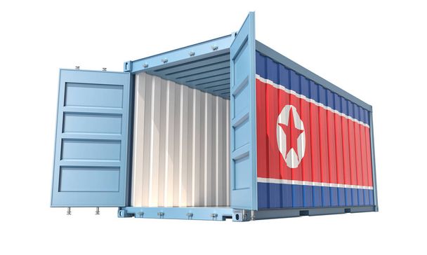 Cargo Container with open doors and North Korea national flag design. 3D Rendering - Photo, image