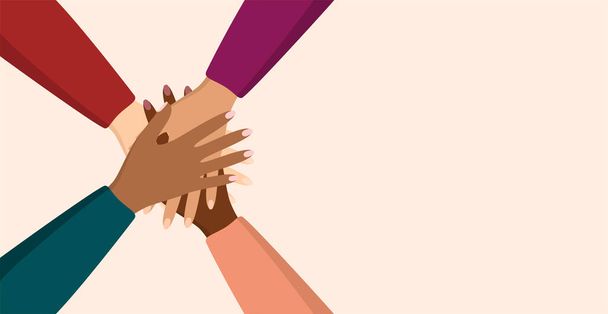 People of different ethnicity putting their hands together in unity gesture on a beige background with copy space. Concept of support, cooperation and teamwork. Flat vector illustration - Wektor, obraz