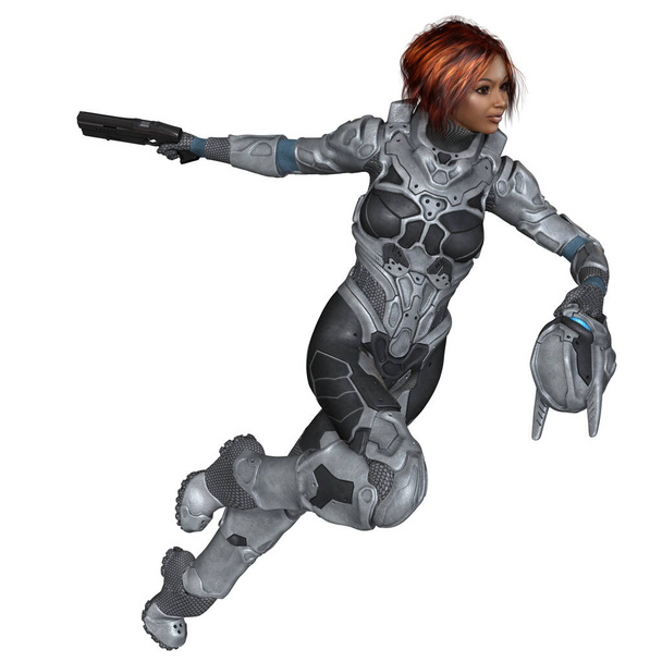 Future Soldier, Black Female with Red Hair, Running to Attack, 3d digitally rendered science fiction illustration - Foto, Imagen