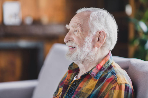 Close up profile photo of shiny cheerful grandpa white hair smiling dressed casual plaid garment sit sofa indoors home flat room. - Foto, Bild