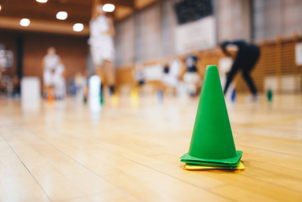 Sports Basketball Training Session For Youth Talented Players. Basketball Training Cones at Sports Hall - Foto, Imagen