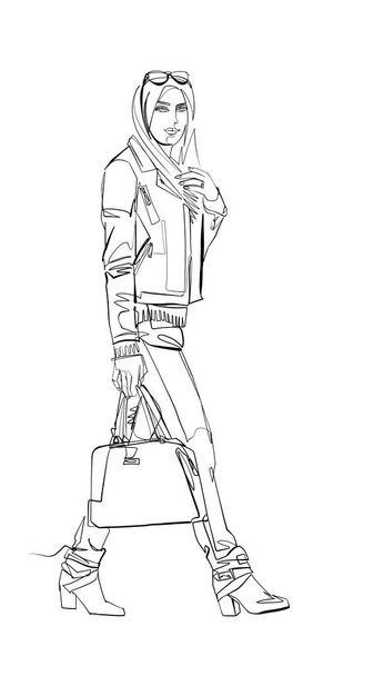woman walking, street fashion, sketch continuos line - Foto, afbeelding