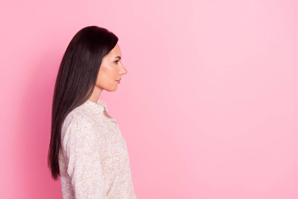 Side profile photo of young attractive serious boss woman looking empty space minded change salary isolated on pink color background. - Photo, Image