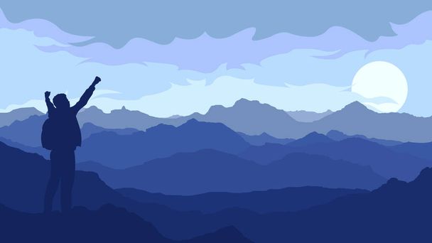 Ορεινό τοπίο με υψηλές κορυφές, Ευτυχισμένος άνθρωπος ελευθερία στη φύση επιτυχημένη έννοια - Διάνυσμα, εικόνα
