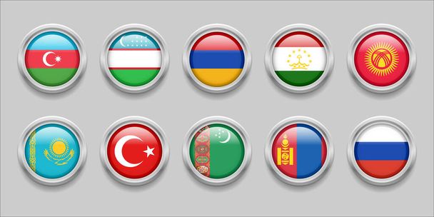 NORTH ASIA Flags Set Collection 3D round flag, badge flag,Tajikistan, Uzbekistan, Kazakhstan, Turkmenistan, Kyrgyzstan, Armenia, Azerbaijan, Turkey, Mongolia, Russia - Vetor, Imagem