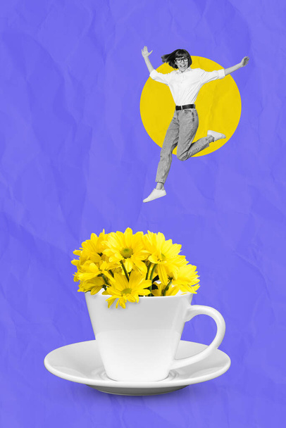 Vertical collage picture of excited small girl black white gamma jump fall flowers cup isolated on painted background. - Φωτογραφία, εικόνα