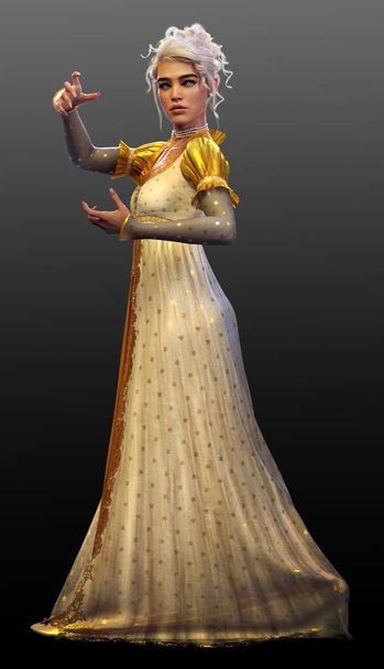 Fantasy Blonde Enchantress Queen in Long White and Gold Dress - Foto, Bild