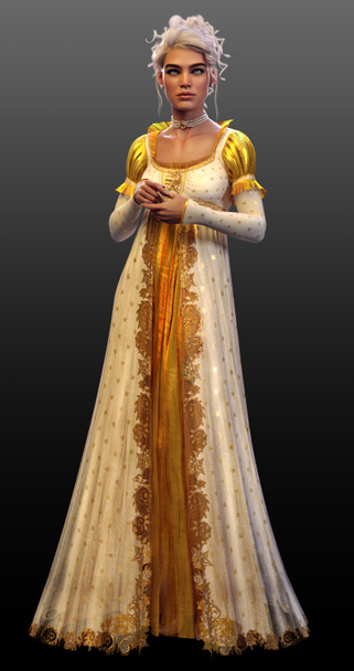 Фантастична блондинка Королева в довгих білих і золотих сукнях - Фото, зображення