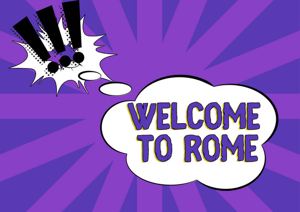Szöveg felirat bemutató Üdvözöljük Rómában, Koncepcionális fotó Érkező Italia fővárosában ismerve más kultúrákat Beszédbuborék Fontos Közlemény Helyezve Asztalra kávé. - Fotó, kép