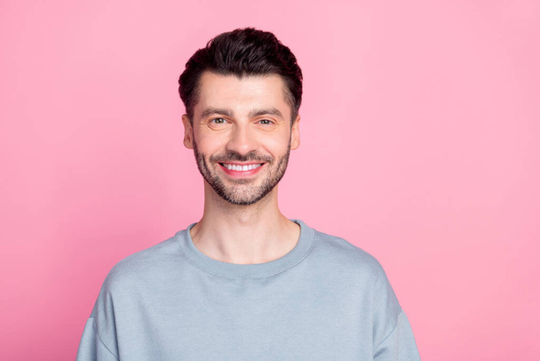 Portrait of satisfied glad person toothy beaming smile have good mood isolated on pink color background. - Fotoğraf, Görsel