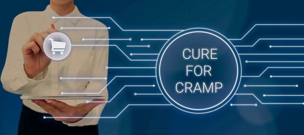 Conceptual caption Cure For Cramp, Business megközelítés Orvosi kezelés jó ellátás bizonyos típusú fájdalmak ellen Üzletasszony mutató ujj szakmai képzés során keresztül Vr. - Fotó, kép