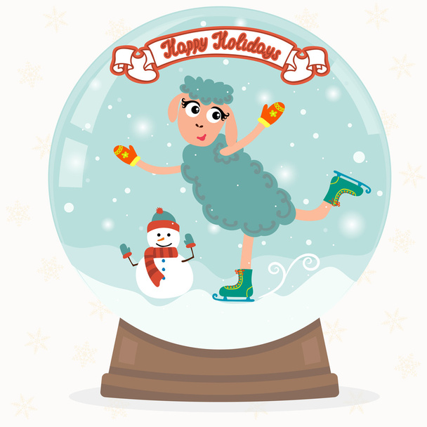 Weihnachten Schneekugel mit lustigen Schafen. frohe Feiertage - Vektor, Bild